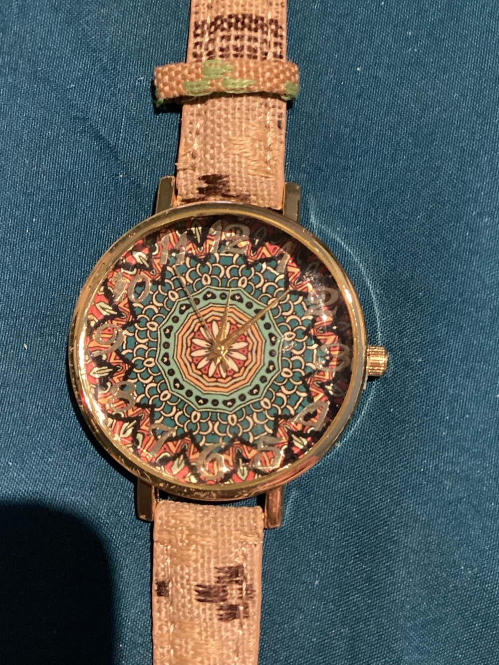 Boho Gold-Tone Watch with Teal Mandala Dial and Beige Strap